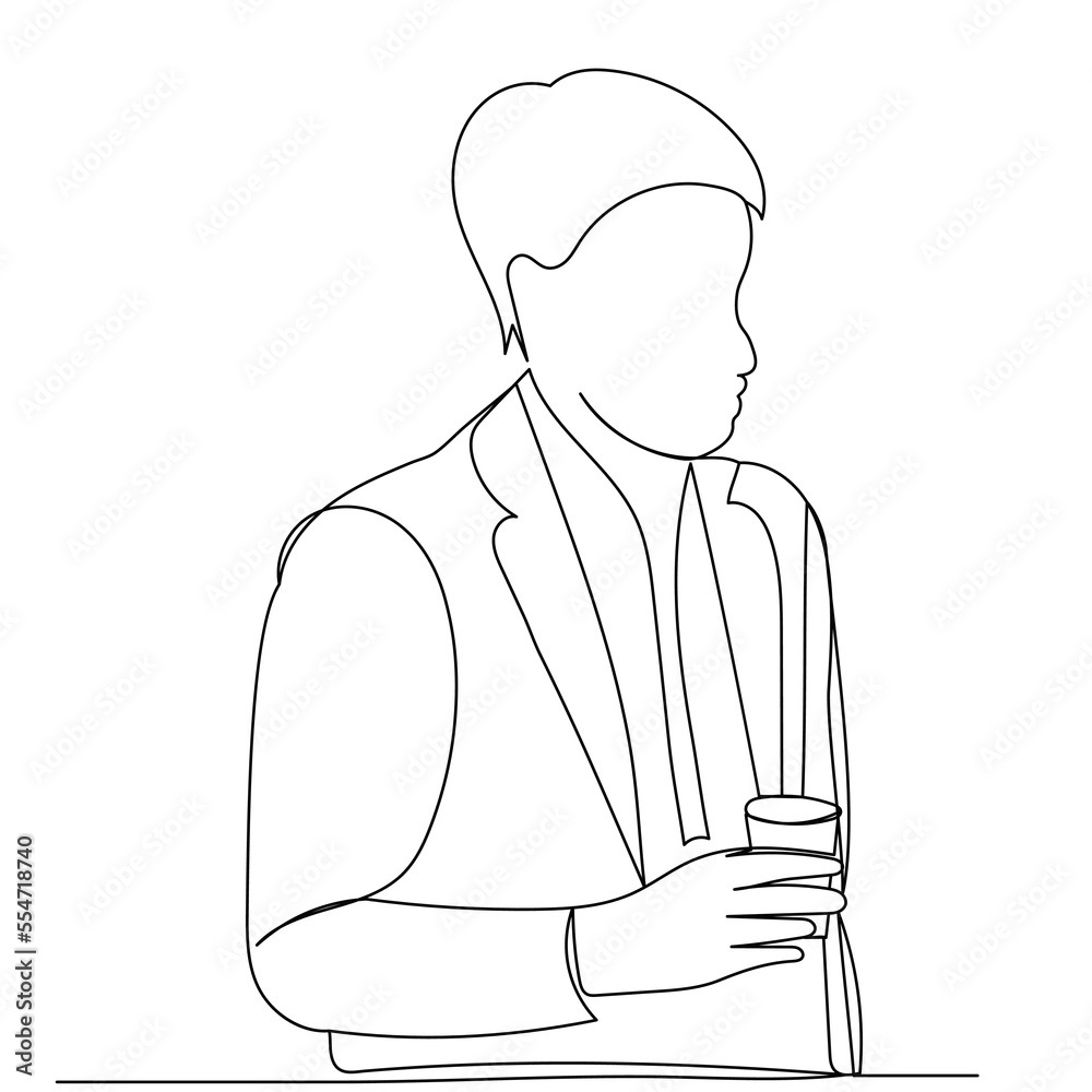 man drinking coffee sketch continuous line drawing, vector