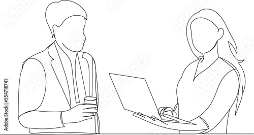 man and woman work sketch continuous line drawing, vector
