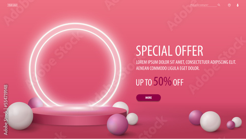 Special offer, discount pink banner with empty podium with neon rings. 3d illustration with offer
