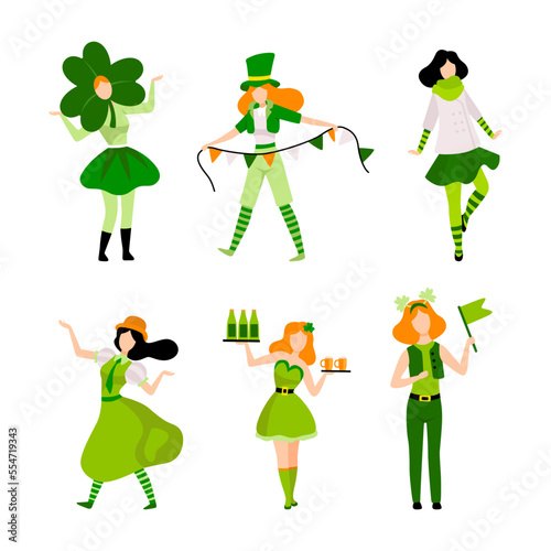 Woman in Green Festive Costume Celebrating Saint Patrick Day Vector Set