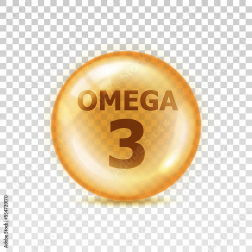 Omega 3. Set fish fatty. Vitamin isolated on transparent background. Nutrient icon. Yellow orb pil. Big shape glass circle. Oil 3d bubble. Round sphere concentrate nutrition. Vector illustration