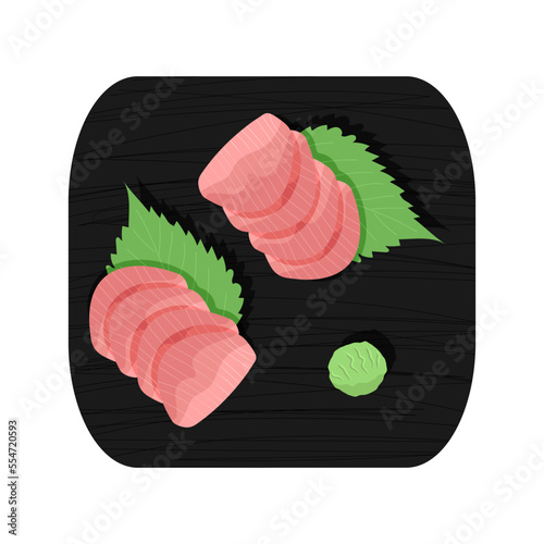 Hamachi sashimi served on plate vector illustration. Yellowtail sashimi with shiso leaves and wasabi paste on black square plate. Flat cartoon style