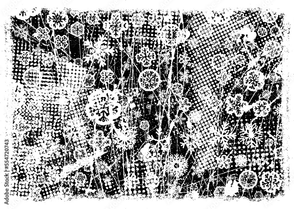 Grunge frame with snowflakes. Useful for social media, banners, Christmas cards, brochures, templates. Overlay texture made with snow flakes and halftone dots. Vector