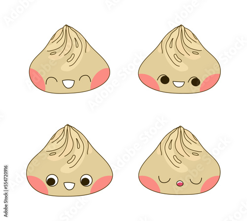Xiao Long Bao set of dumpling characters vector illustration. Cute kawaii dim sum with various emotions and blush on cheeks. Clip art elements isolated on white background