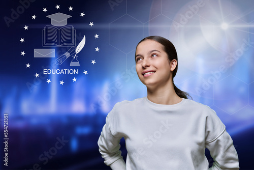 Teenage girl, high school student, background with education symbols