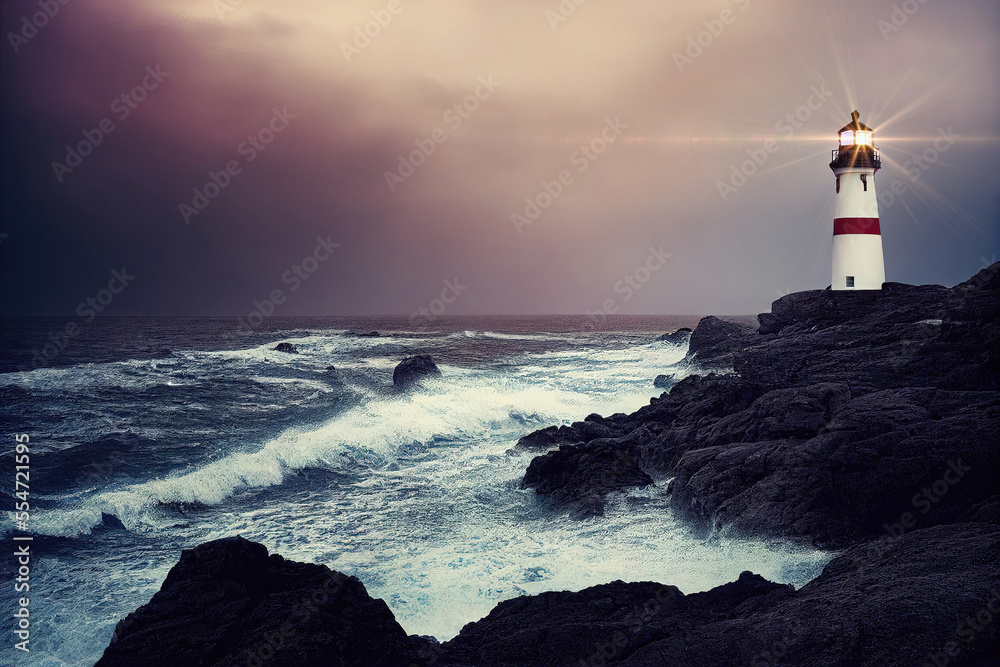 Lighthouse with bright light on coast of ocean with waves in the evening (Generative AI)