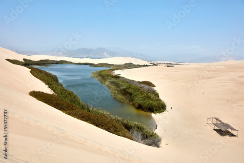 The Laguna de Mor  n is an oasis in Peru  which is located near the town of Bernales  in the district of Humay  province of Pisco  department of Ica. It has an extension of 300 meters long by 150 meter