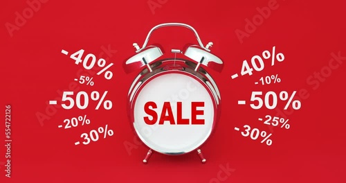 up to 50 % off sale text animation appears on chrome classic alarm clock on red bachground. two versions 50 percent discount looped motion graphic for banner, advertising, black friday promo ad