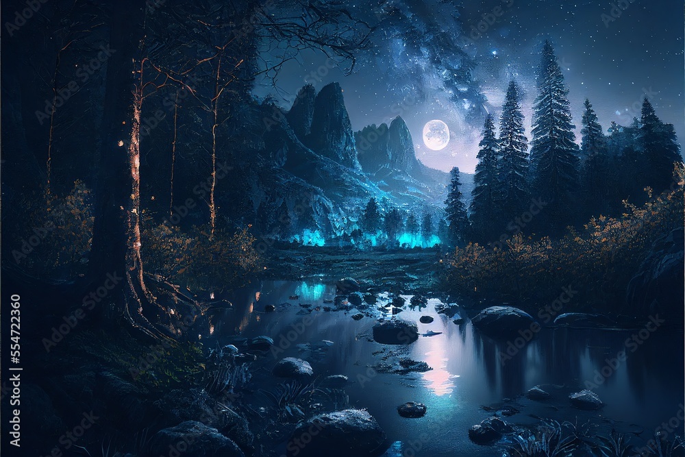 a river running through a moon light forest 