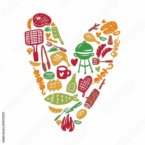 A collection of dishes and products for the grill in the shape of a heart, hand-drawn in the style of a doodle