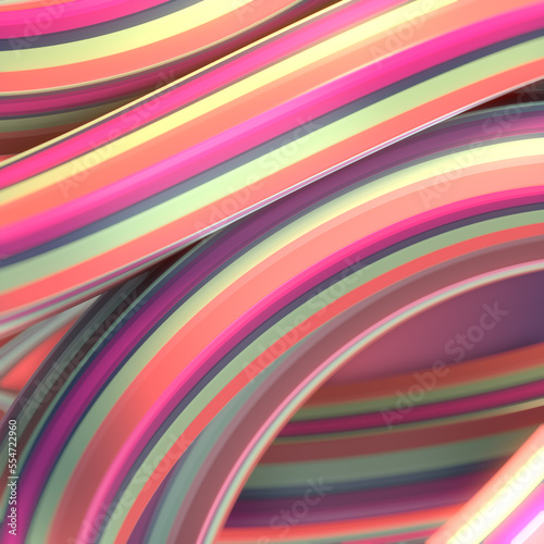 Abstract wavy background of twisted geometric shapes with colorful stripes. 3d rendering digital illustration