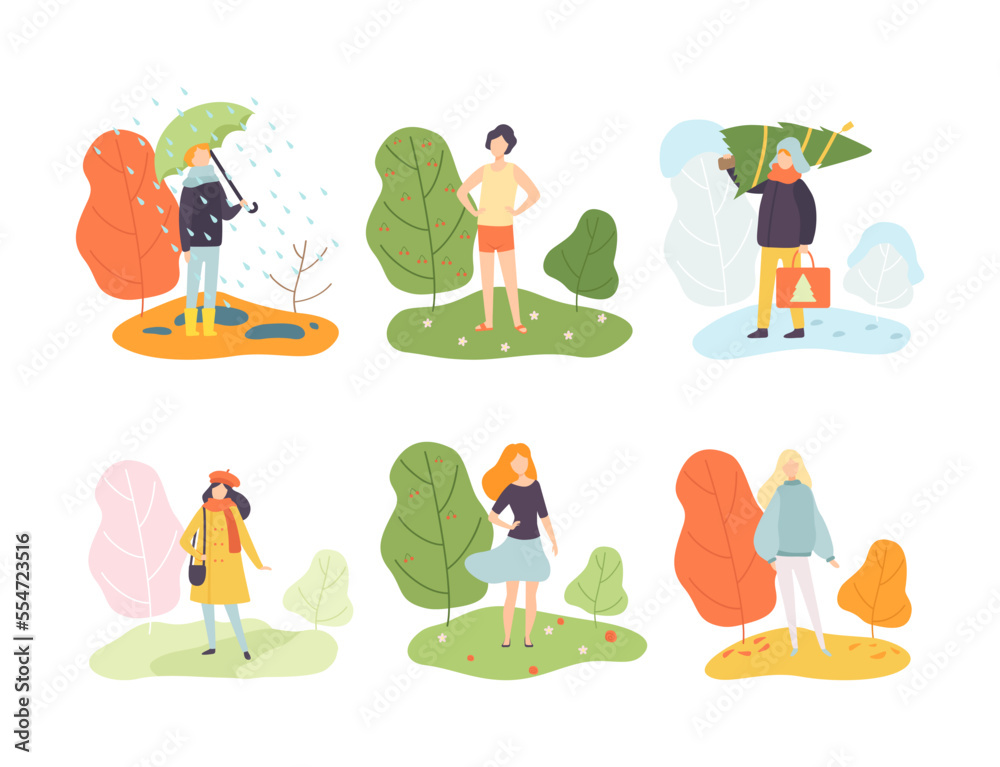 Season Scene with Man and Woman Character Enjoying Aurumn, Winter, Summer and Spring Vector Set Season Scene with Man and Woman Character Enjoying Aurumn, Winter, Summer and Spring Vector Set