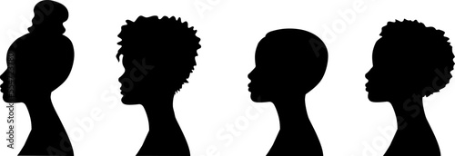a sign of several female silhouettes in profile. vector on isolated background. turn. number. diversity young women for poster or text. elegant background as well.