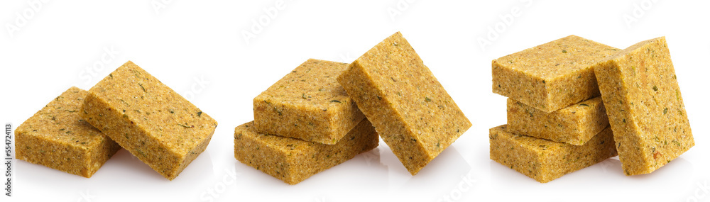 Collection of delicious bouillon cubes, isolated on white background Collection of delicious bouillon cubes, isolated on white background