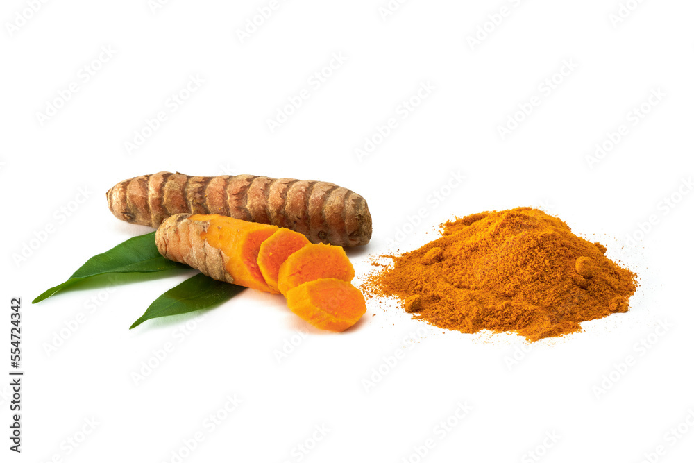 Fresh turmeric roots and turmeric powder with leaves isolated on white background Fresh turmeric roots and turmeric powder with leaves isolated on white background