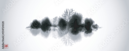 Ink wash painting in minimalist and clean style. Misty island with forest trees. Traditional oriental ink painting sumi-e, u-sin, go-hua. Translation of hieroglyph - zen
