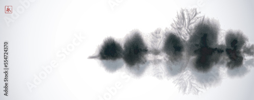 Ink wash painting in minimalist and clean style. Misty island with forest trees. Traditional oriental ink painting sumi-e, u-sin, go-hua. Translation of hieroglyph - eternity