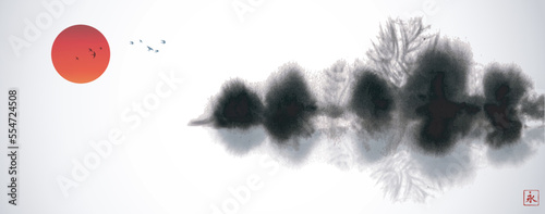 Ink wash painting in minimalist and clean style. Misty island with forest trees and big red sun. Traditional oriental ink painting sumi-e, u-sin, go-hua. Translation of hieroglyph - eternity