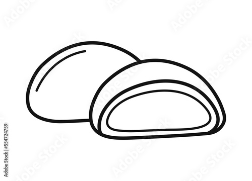 Mochi. Japanese rice dessert. Asian sweet food. Hand drawn food element icon. Isolated vector illustration in doodle line style.