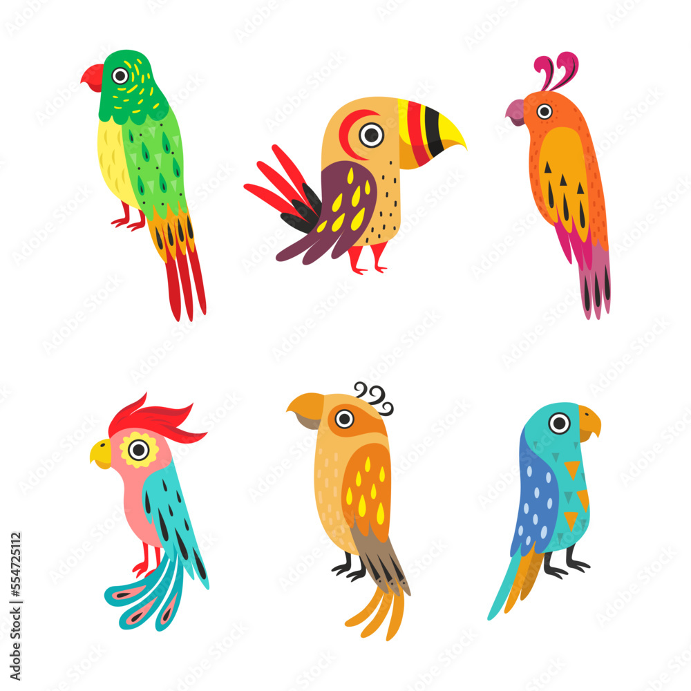 Tropical Colorful Parrot with Bright Feathers and Beak Vector Set Tropical Colorful Parrot with Bright Feathers and Beak Vector Set