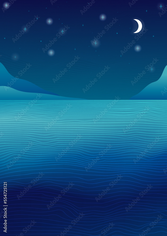 Fototapeta premium Seascape on a starry night. Vector illustration of a landscape with gradients. Lines, mountains, waves, stars and moon. Graphic print.