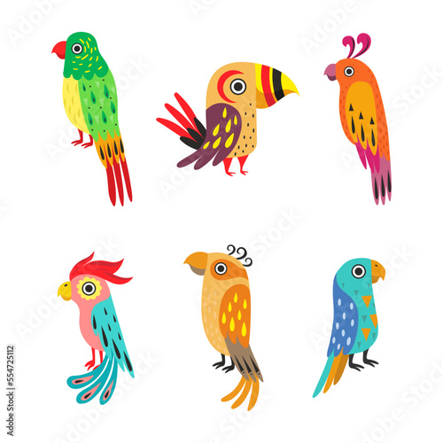Tropical Colorful Parrot with Bright Feathers and Beak Vector Set © topvectors