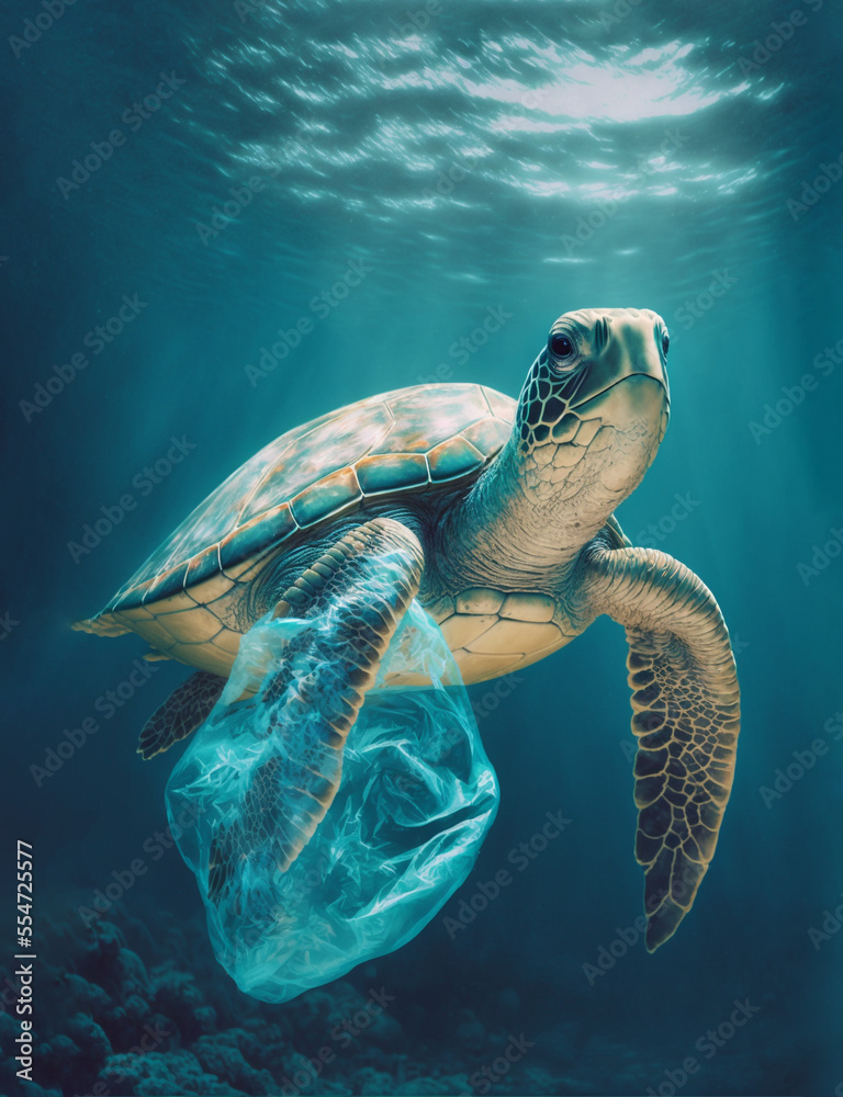 AI-Generated Illustration of Turtle Eating Plastic Bag, under the sea ...