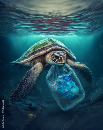 AI-Generated Illustration of Turtle Eating Plastic Bag  under the sea  Highlighting Environmental Problem of Plastic Pollution in the Ocean
