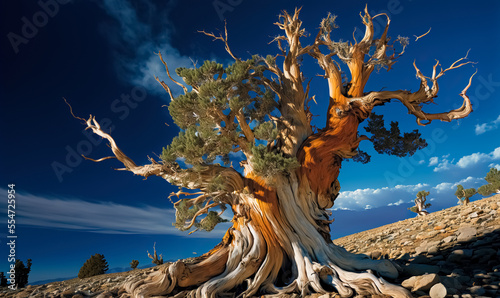 Bristlecone Pine, Pinus longaeva in the White Mountains, California. Ancient Bristlecone Pine Forest is the oldest existing Lifeform on Earth. digital art photo