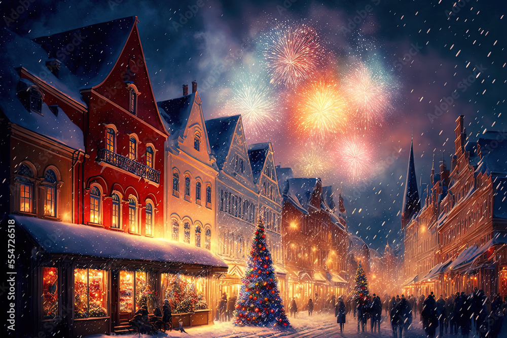 Christmas village with market street. Fireworks in the sky. Happy new year. Winter festive. Generative AI
