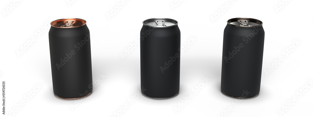 Three Matt Black Metallic Soda Cans Three Matt Black Metallic Soda Cans