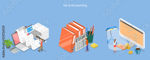 3D Isometric Flat Vector Conceptual Illustration of Accounting and Financial Management , Income Tax Filing