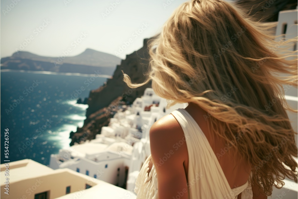 Back view of blonde woman in white dress looking out on the ocean