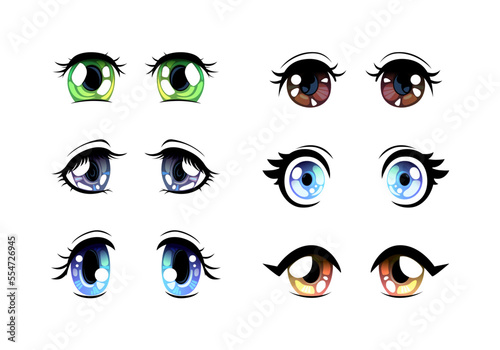 Colorful Manga or Anime Style Eyes with Black Eyelashes Vector Set