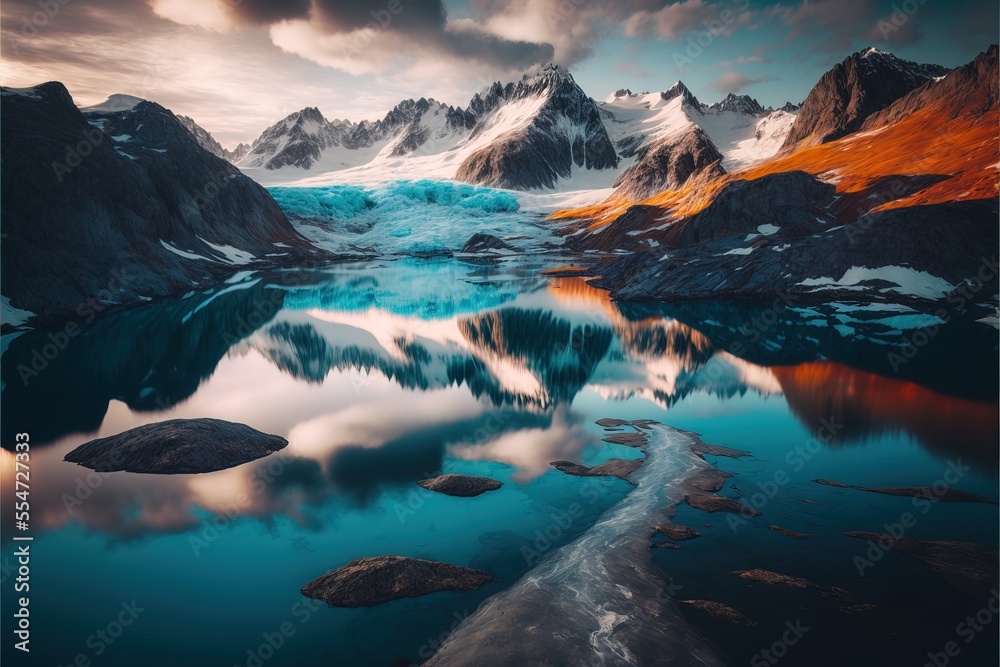  a mountain range with a lake surrounded by snow covered mountains and clouds in the sky with a blue sky. - obrazy, fototapety, plakaty 