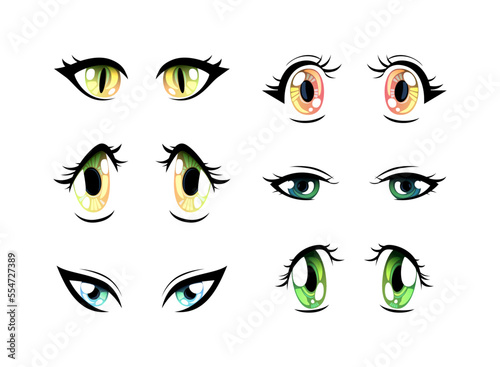 Colorful Manga or Anime Style Eyes with Black Eyelashes Vector Set