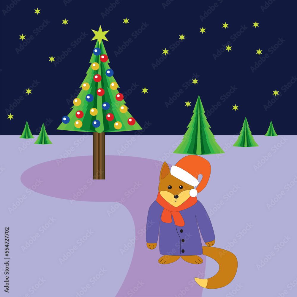 A fox in a Santa hat near a Christmas tree