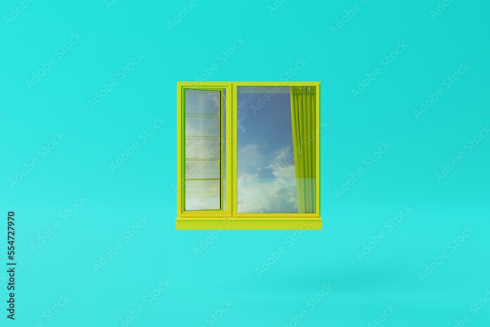 An isolated window against a blue background and with sky as a look. Concept of looking at the world, new day. 3d render An isolated window against a blue background and with sky as a look. Concept of looking at the world, new day. 3d render