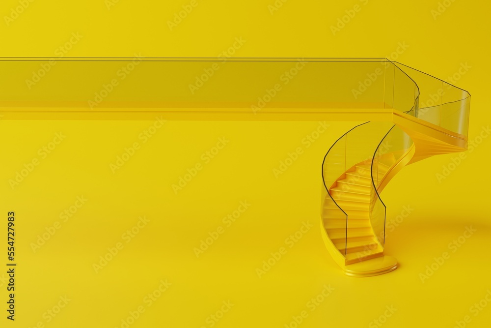 Spiral yellow staircase on a yellow background. Concept of climbing, building a house, an apartment. 3d render. Spiral yellow staircase on a yellow background. Concept of climbing, building a house, an apartment. 3d render.