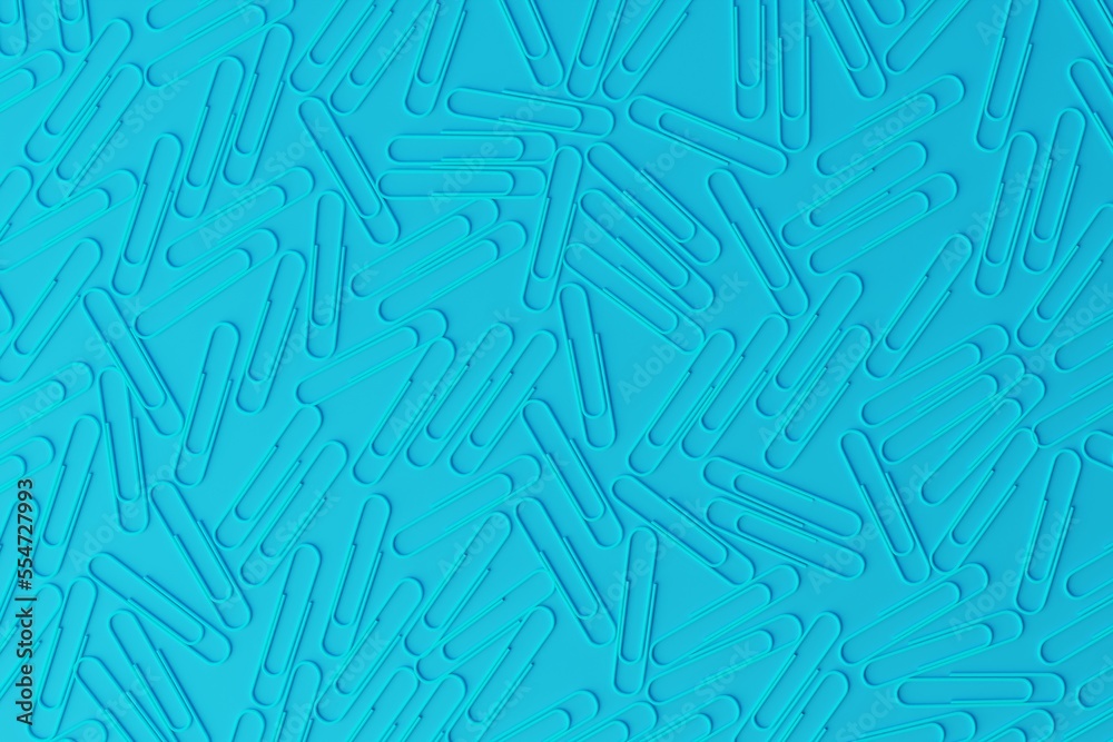 Blue office paper clips on a blue background. Concept of office work, creativity. 3d render, 3d illustration.