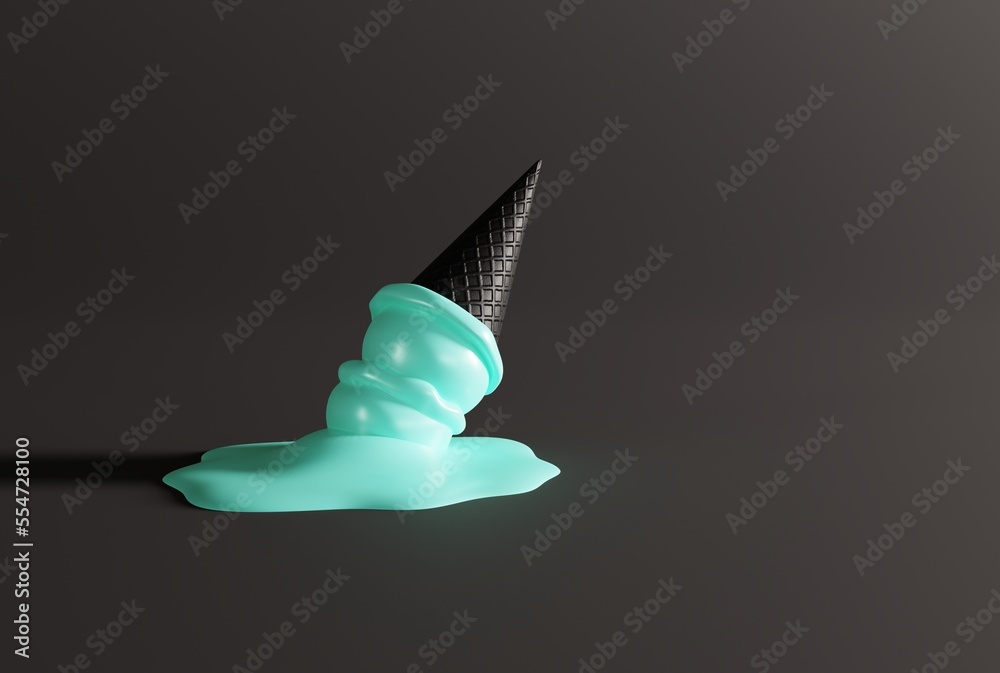 Fototapeta premium Melted ice cream in a black waffle on the ground and dark background. The concept of eating ice cream, cooling down. Modern ice cream with a black waffle. 3D render; 3D illustration.