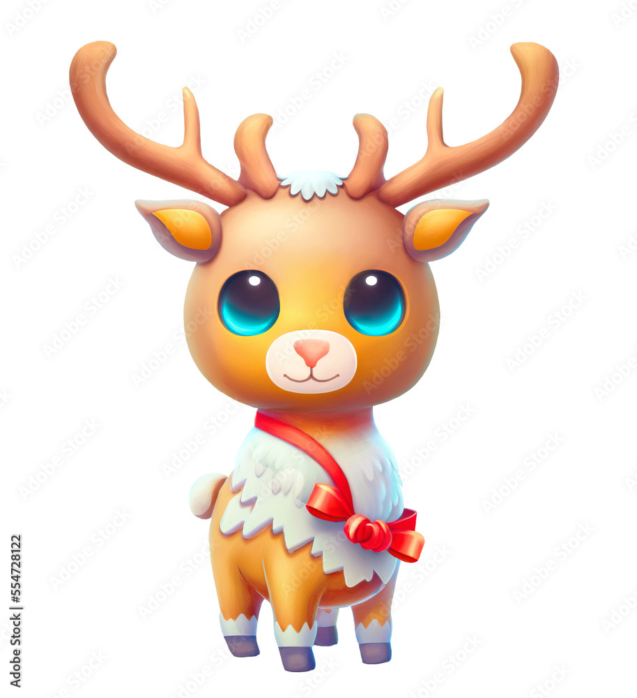 Cute cartoon reindeer with blue eyes wearing red ribbon, digital illustration cut out