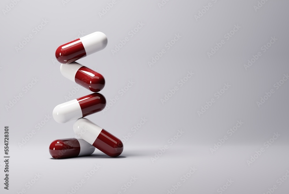 Tablets, red capsules on a blue background. Treatment, medical and pharmaceutical concept. Treating sick people, taking care of patients. 3D render, 3D illustration. - obrazy, fototapety, plakaty 