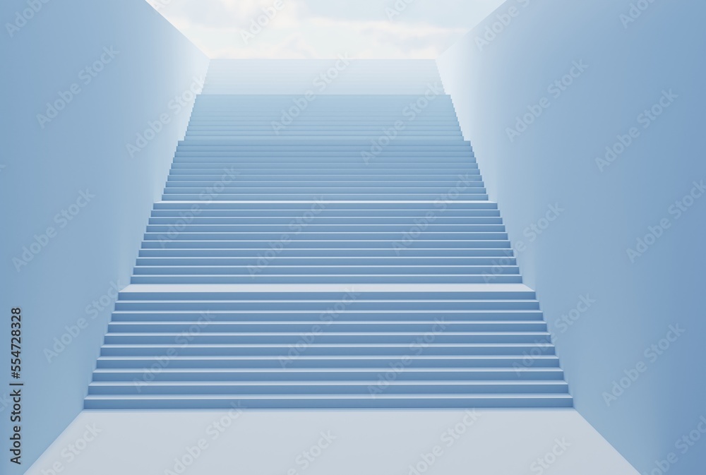 Stairs with exit at the top. The concept of achieving success after climbing, business and finance, social issues. 3D render, 3D illustration. Stairs with exit at the top. The concept of achieving success after climbing, business and finance, social issues. 3D render, 3D illustration.