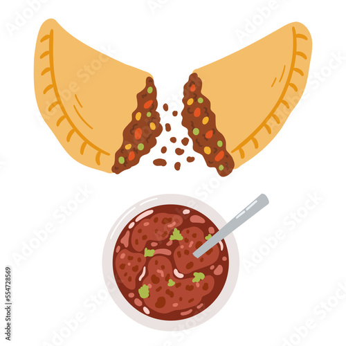 Empanadas in cartoon flat style. Hand drawn vector illustration of traditional Latino America food, folk cuisine