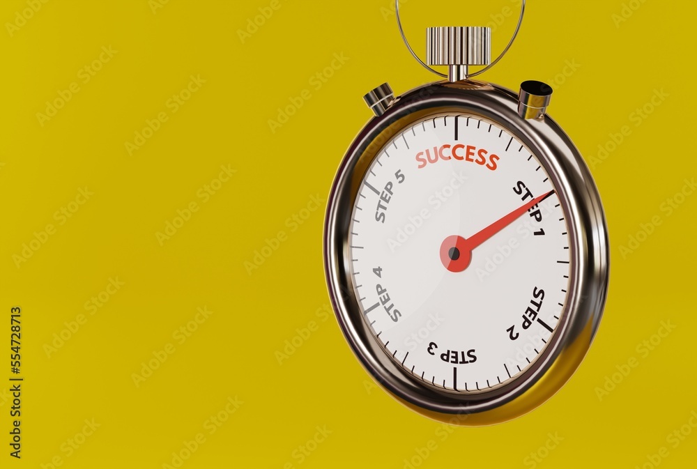Naklejka premium Stopwatch with the end of the time with the inscription Success. The concept of achieving success, fighting and striving to achieve success in life. 3D render, 3D illustration.