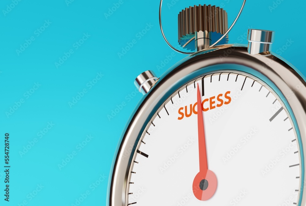Stopwatch with the end of the time with the inscription Success. The concept of achieving success, fighting and striving to achieve success in life. 3D render, 3D illustration. Stopwatch with the end of the time with the inscription Success. The concept of achieving success, fighting and striving to achieve success in life. 3D render, 3D illustration.