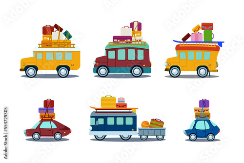 Van and Car with Load of Trunk and Suitcase on Top as Travel Vehicle Vector Set