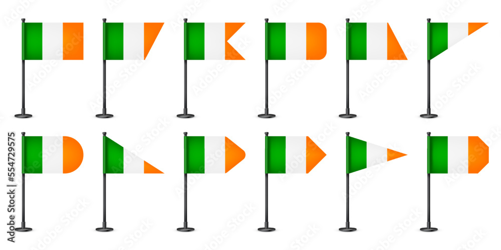 Realistic various Irish table flags on a black steel pole. Souvenir from Ireland. Desk flag made of paper or fabric, shiny metal stand. Mockup for promotion and advertising. Vector illustration Realistic various Irish table flags on a black steel pole. Souvenir from Ireland. Desk flag made of paper or fabric, shiny metal stand. Mockup for promotion and advertising. Vector illustration
