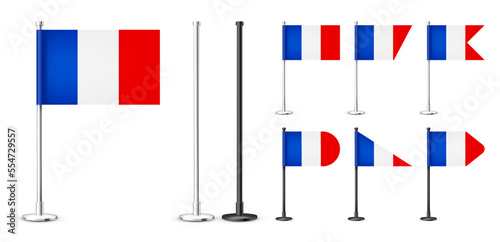 Realistic various French table flags on a chrome steel pole. Souvenir from France. Desk flag made of paper or fabric, shiny metal stand. Mockup for promotion and advertising. Vector illustration